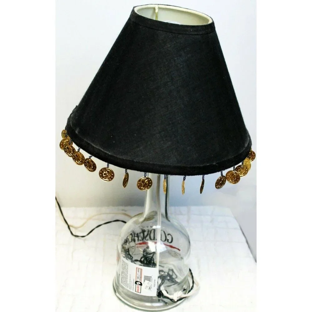 Goldschlager Table Lamp Clear Bottle Black Shade Coin Fringe Handmade Rice Light